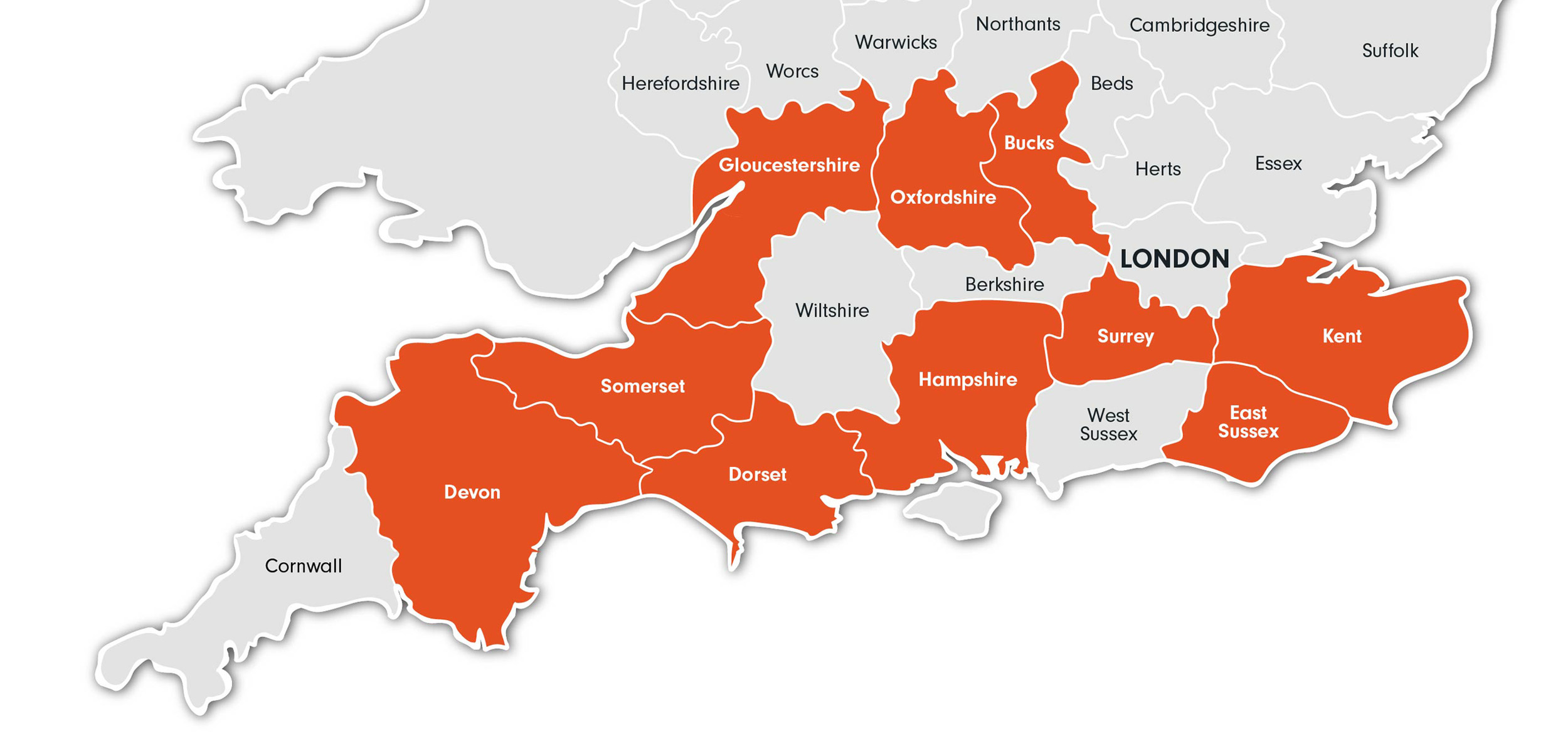 A map showing the counties that SeeAbility operates in. Listed in the panels below.