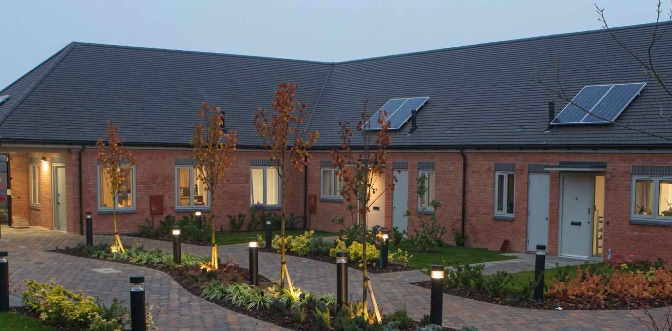The outside of Oxfordshire Support Service, showing a series of modern bungalows with a long-pitched tile roof and neatly planted shared gardens. 