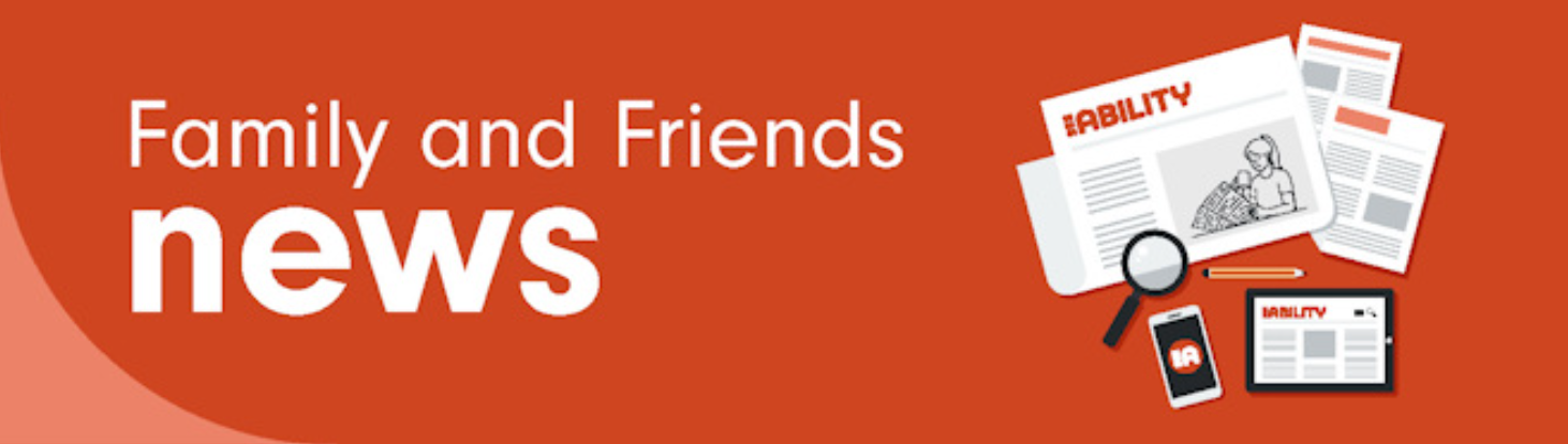 Family and Friends newsletter banner, showing an orange background and images of the newsletter.