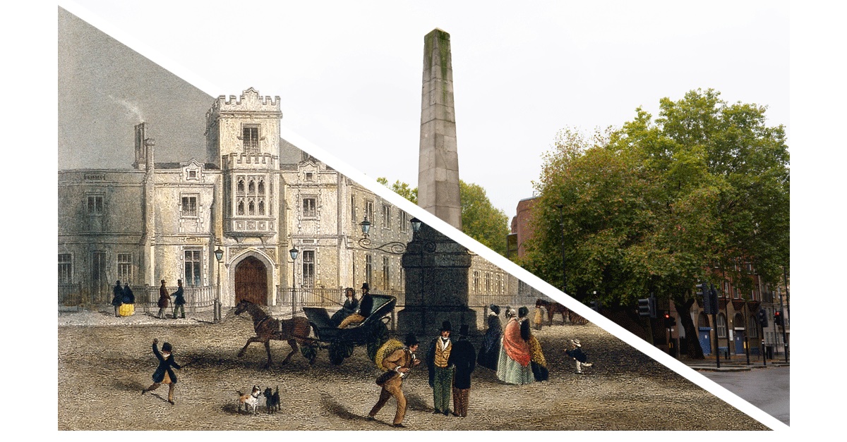 The old neo-Gothic school merged with the modern St George's Circus. The obelisk in the circus runs through both pictures.