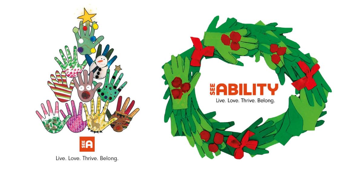 A Christmas tree and wreath made from handprints of people we support