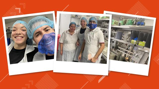 Natasha working in the kitchen at Pret, smiling happily