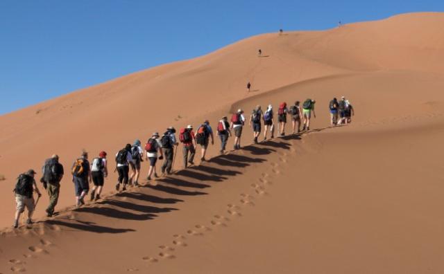 Group of people climbing a sand dune in the sunny desert