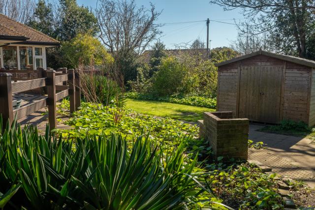 The back garden at Barclay House, showing a wooden shed and open grass area surrounded by shrubbery and trees.