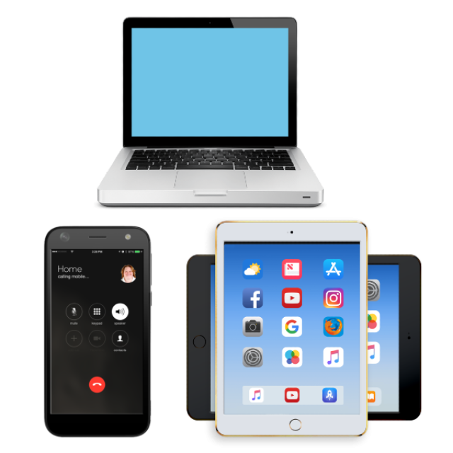Laptop, tablet and phone