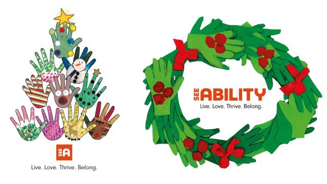 A Christmas tree and wreath made from handprints of people we support