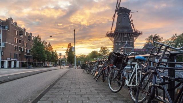 Bikes lined up on the side of the road in Amsterdam at sunset