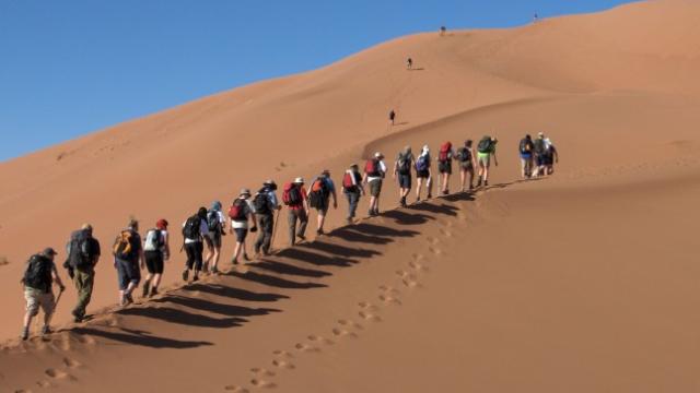Group of people climbing a sand dune in the sunny desert